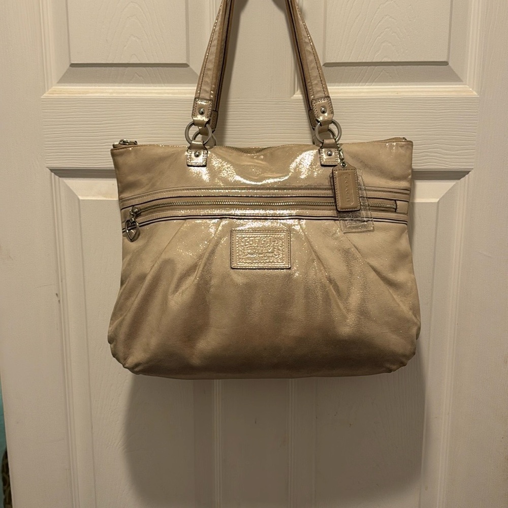 Coach Poppy Metallic Gold Champagne Leather‎ Large Tote Bag Purse #H1281-F20441